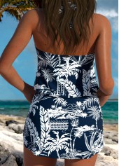 Mid Waisted Tropical Plants Print Three-piece Navy Tankini Set