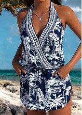 Mid Waisted Tropical Plants Print Three-piece Navy Tankini Set