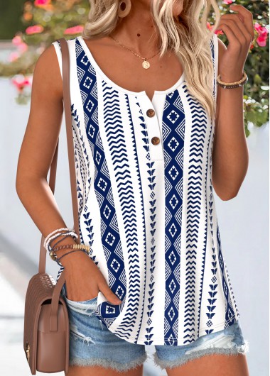 Geometric Print Button Navy Sleeveless Round Neck Tank Top