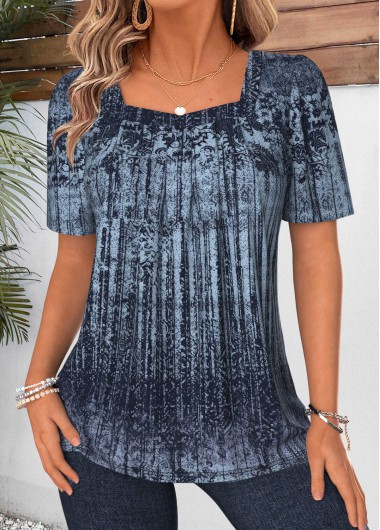 Tribal Print Green Short Sleeve Square Neck T Shirt