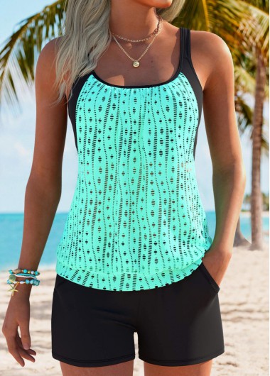 Mid Waisted Pocket Cyan Tankini Set