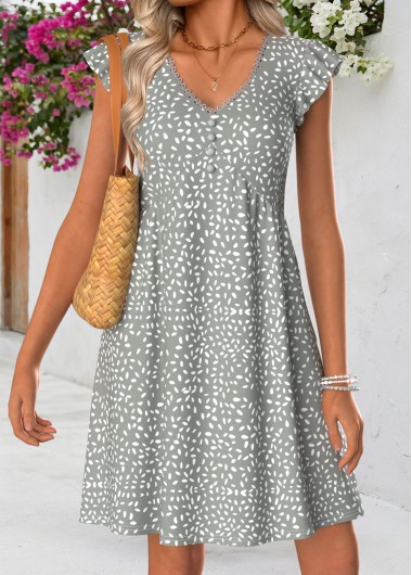 Geometric Print Shirred Grey Short V Neck Dress