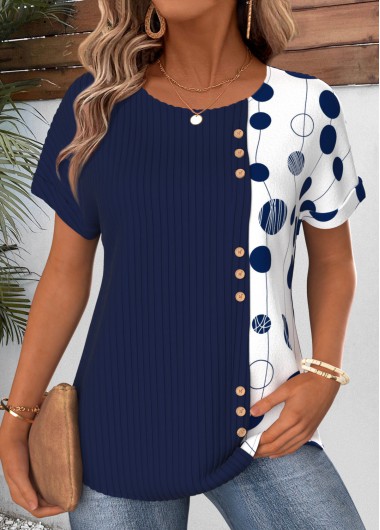 Polka Dot Patchwork Navy Short Sleeve T Shirt