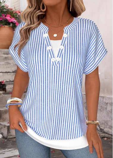 Striped Fake 2in1 Blue Short Sleeve T Shirt