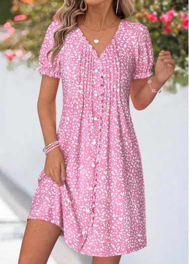 Geometric Print Tuck Stitch Pink Short V Neck Dress Geometric Print Tuck Stitch Pink Short V Neck Dress