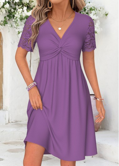 Twist Purple Short V Neck Dress