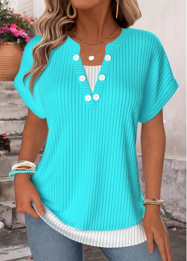 Fake 2in1 Blue Short Sleeve Split Neck T Shirt