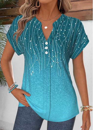 Leaf Print Patchwork Cyan Short Sleeve Split Neck Blouse