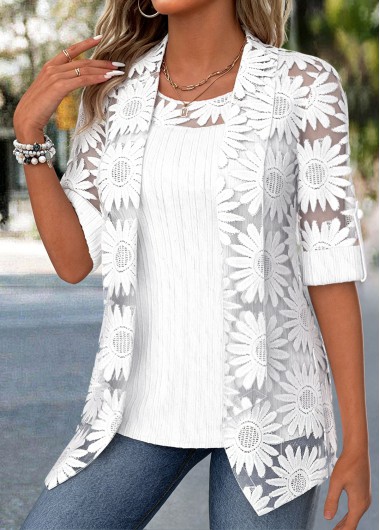 Two-piece White Half Sleeve Cardigan and Tank Top