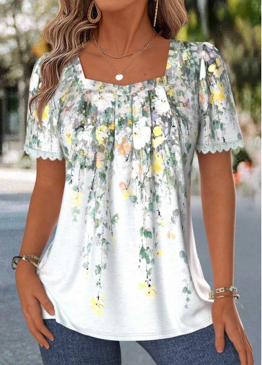 Floral Print Pleated Multi Color Short Sleeve Blouse Floral Print Pleated Multi Color Short Sleeve Blouse