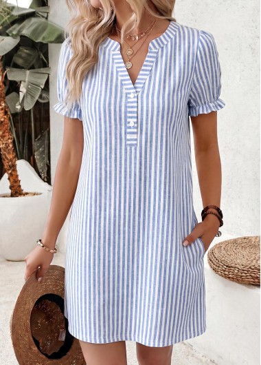 Striped Double Side Pockets Blue Short Split Neck Dress