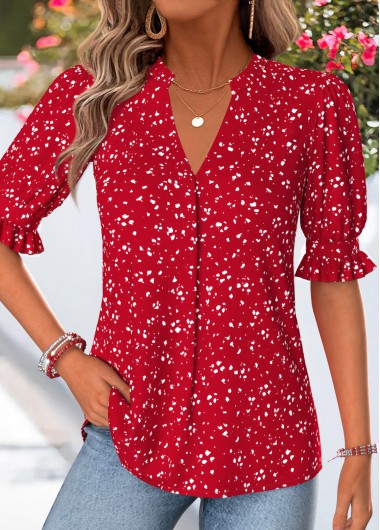 Geometric Print Shirred Red Half Sleeve Split Neck Blouse