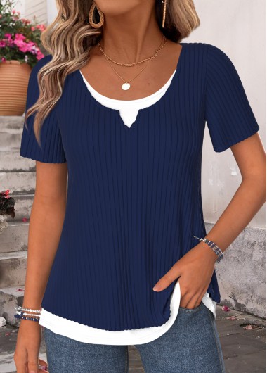Fake 2in1 Navy Short Sleeve Round Neck T Shirt