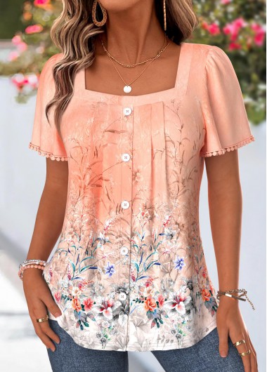 Floral Print Tummy Coverage Orange Short Sleeve Blouse