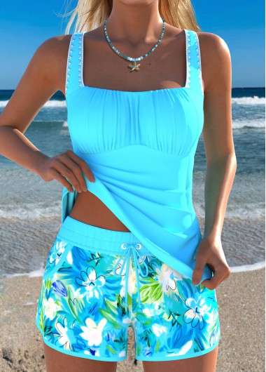 Mid Waisted Floral Print Two-piece Blue Tankini Set