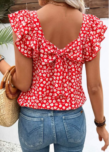 Ditsy Floral Print Bowknot Red Short Sleeve T Shirt