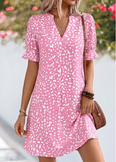 Polka Dot Tummy Coverage Pink Short Split Neck Dress