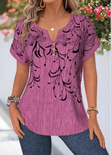 Floral Print Curved Hem Violet Short Sleeve Blouse