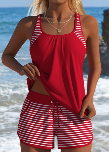 Mid Waisted Striped Tummy Coverage Red Tankini Set Mid Waisted Striped Tummy Coverage Red Tankini Set