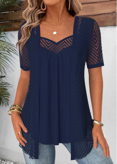 Navy Short Sleeve Heart Collar Fake Two Piece Twinset