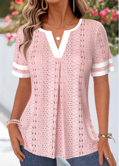 Patchwork Light Pink Short Sleeve Split Neck T Shirt