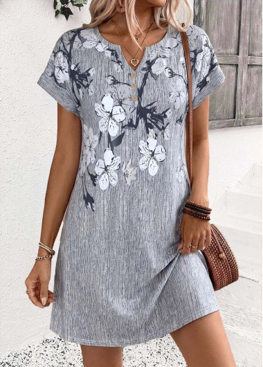 Floral Print Double Side Pockets Grey Short Dress