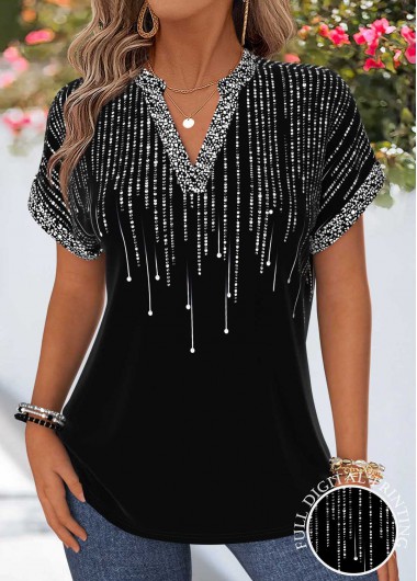 Ombre Tummy Coverage Black Short Sleeve Split Neck Blouse