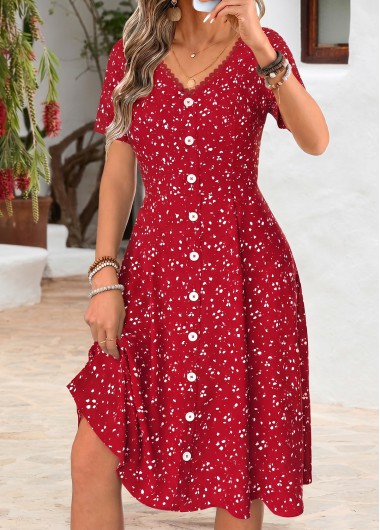 Tummy Coverage Red Short Sleeve V Neck Dress