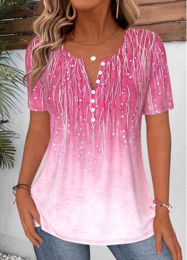 Ombre Curved Hem Hot Pink Short Sleeve T Shirt