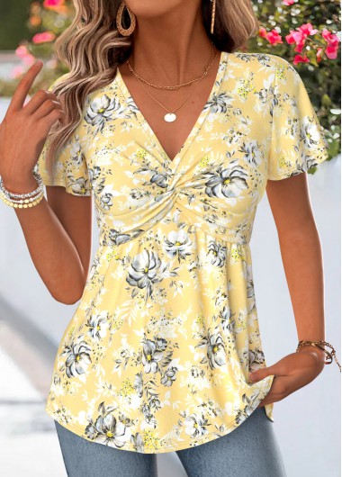Floral Print Twist Yellow Short Sleeve T Shirt