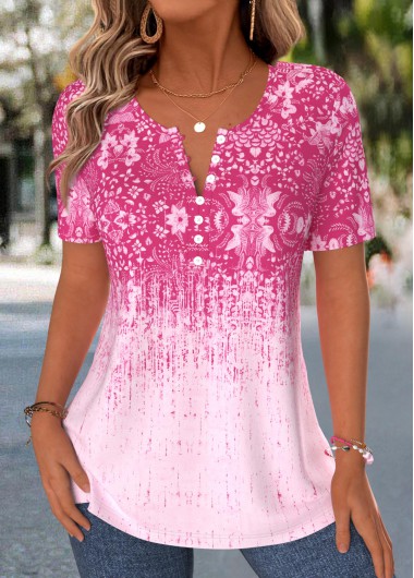 Tribal Print Curved Hem Hot Pink T Shirt