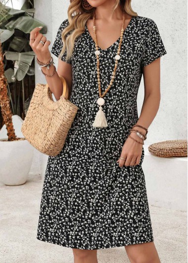 Ditsy Floral Print Tummy Coverage Black Short Dress
