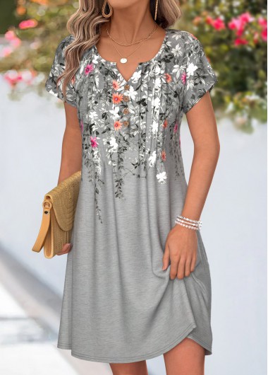 Floral Print Tuck Stitch Grey Short Split Neck Dress
