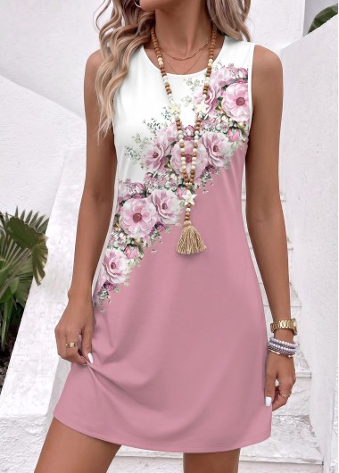 Floral Print Tummy Coverage Multi Color Short Sleeveless Dress