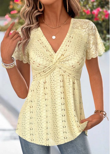Patchwork Yellow Short Sleeve V Neck T Shirt