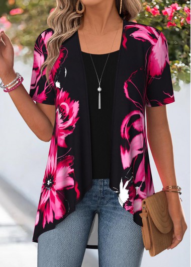 Floral Print Black Short Sleeve Fake Two Piece Twinset