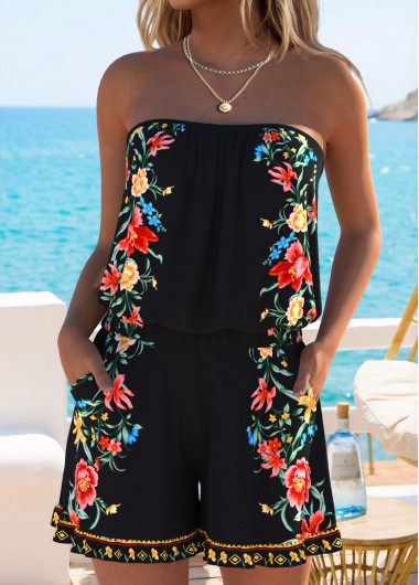 Floral Print Ruffle Black One Piece Swimwear