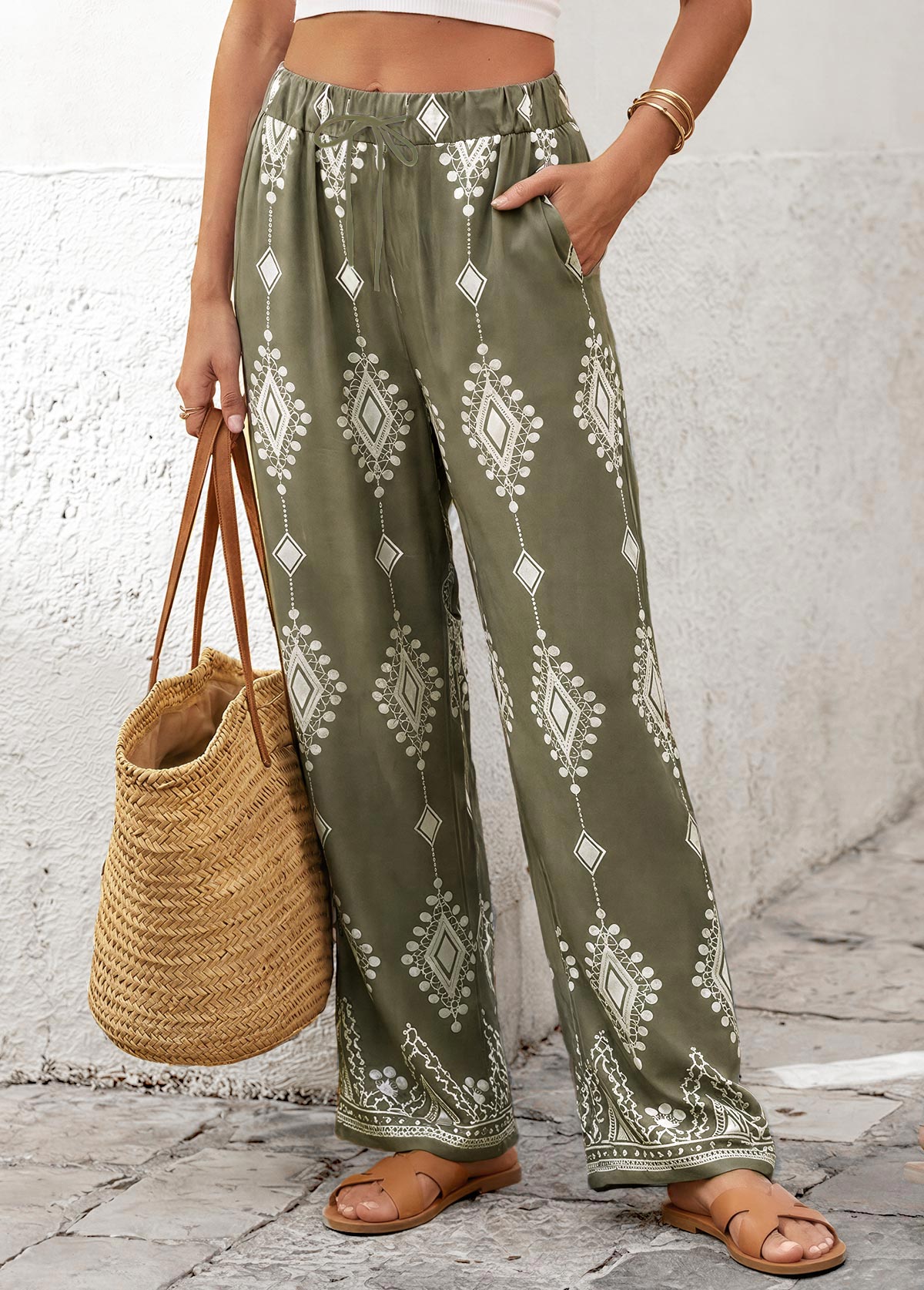 Tribal Print Olive Green Straight Leg Elastic Waist Pants