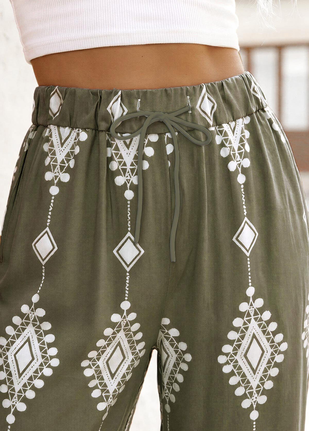 Tribal Print Olive Green Straight Leg Elastic Waist Pants