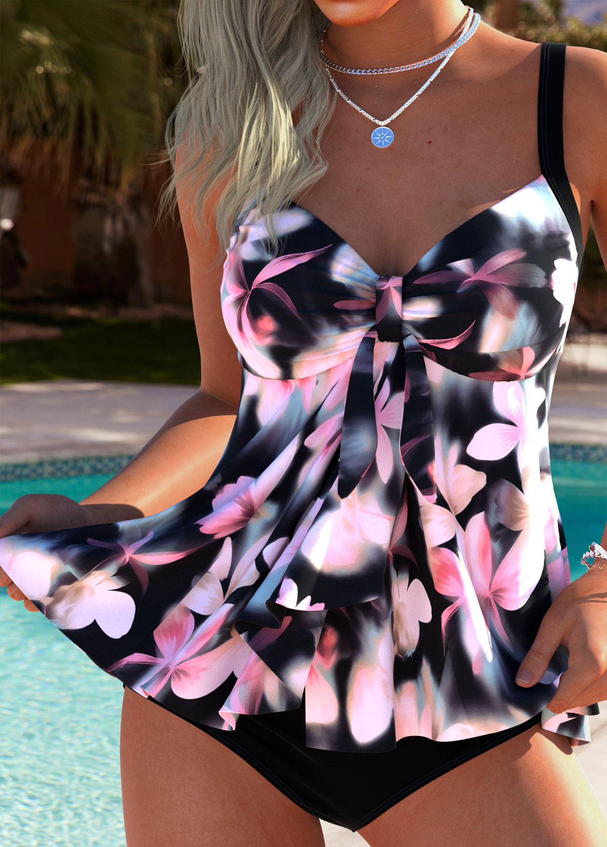 Mid Waisted Floral Print Tummy Coverage Pink Tankini Set
