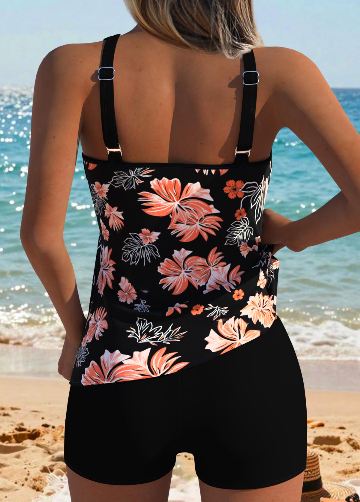 Mid Waisted Floral Print Patchwork Black Tankini Top-No Bottom