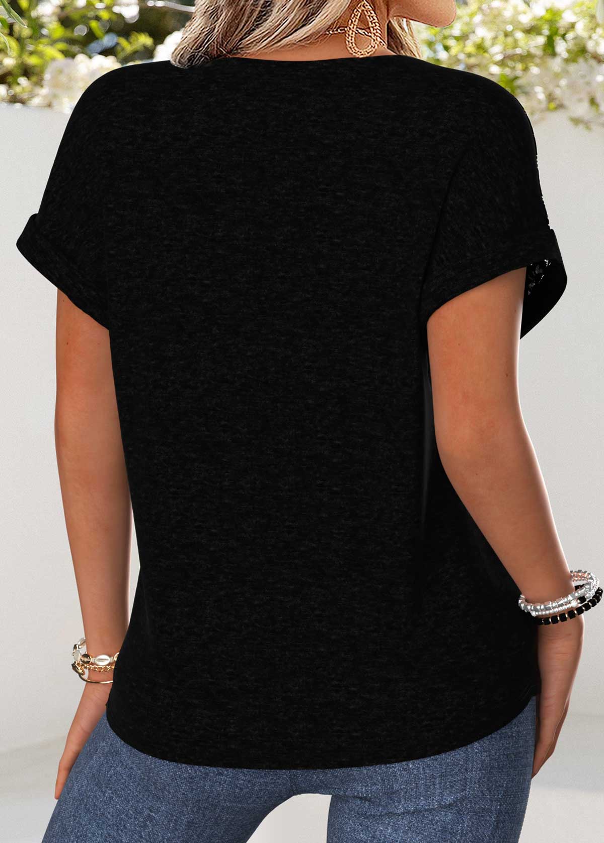 Patchwork Black Short Sleeve Split Neck Blouse