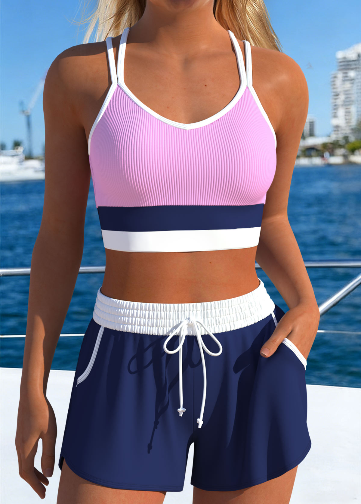 Mid Waisted Layered Navy Bikini Set