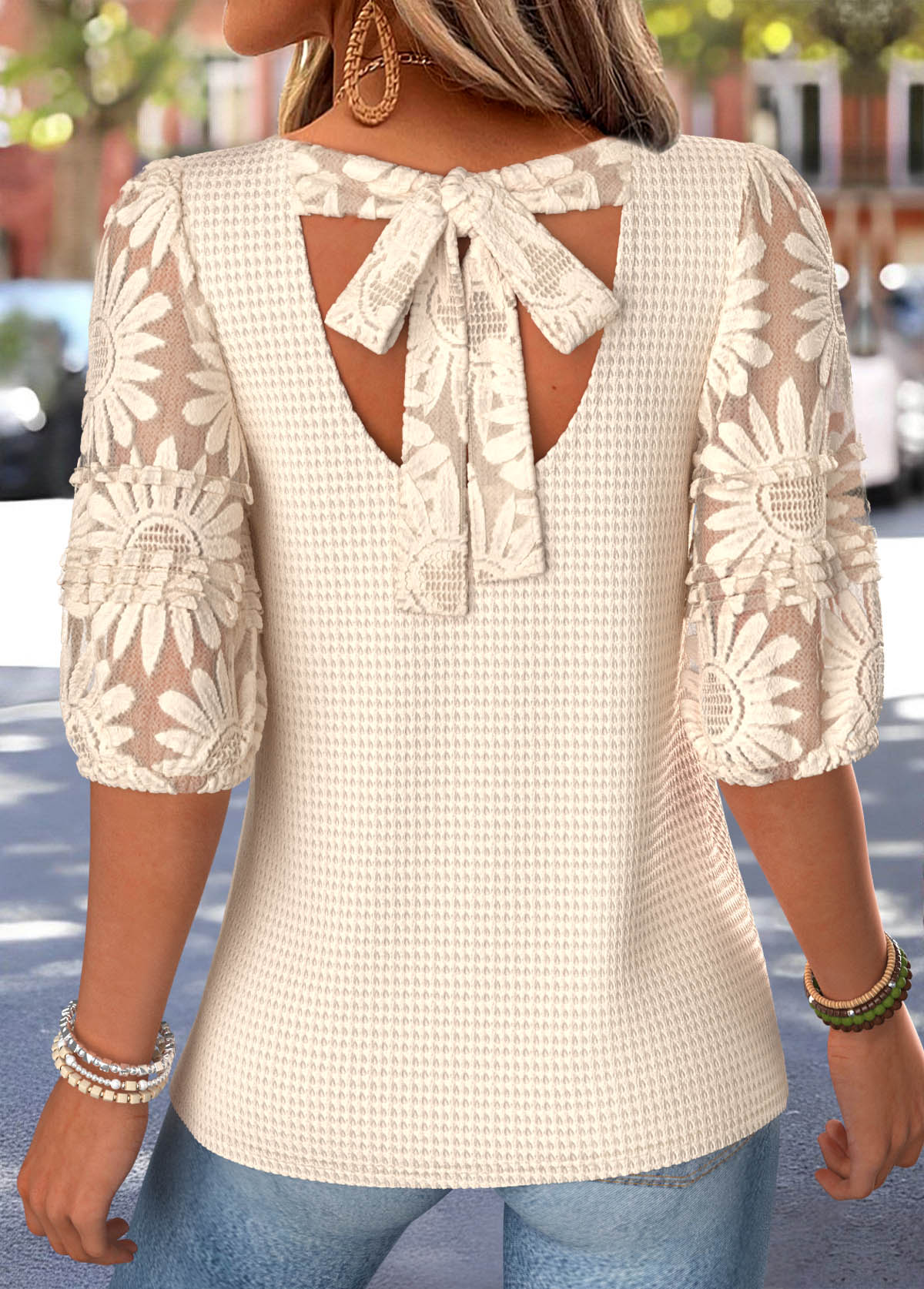 Bowknot Beige Half Sleeve Round Neck T Shirt