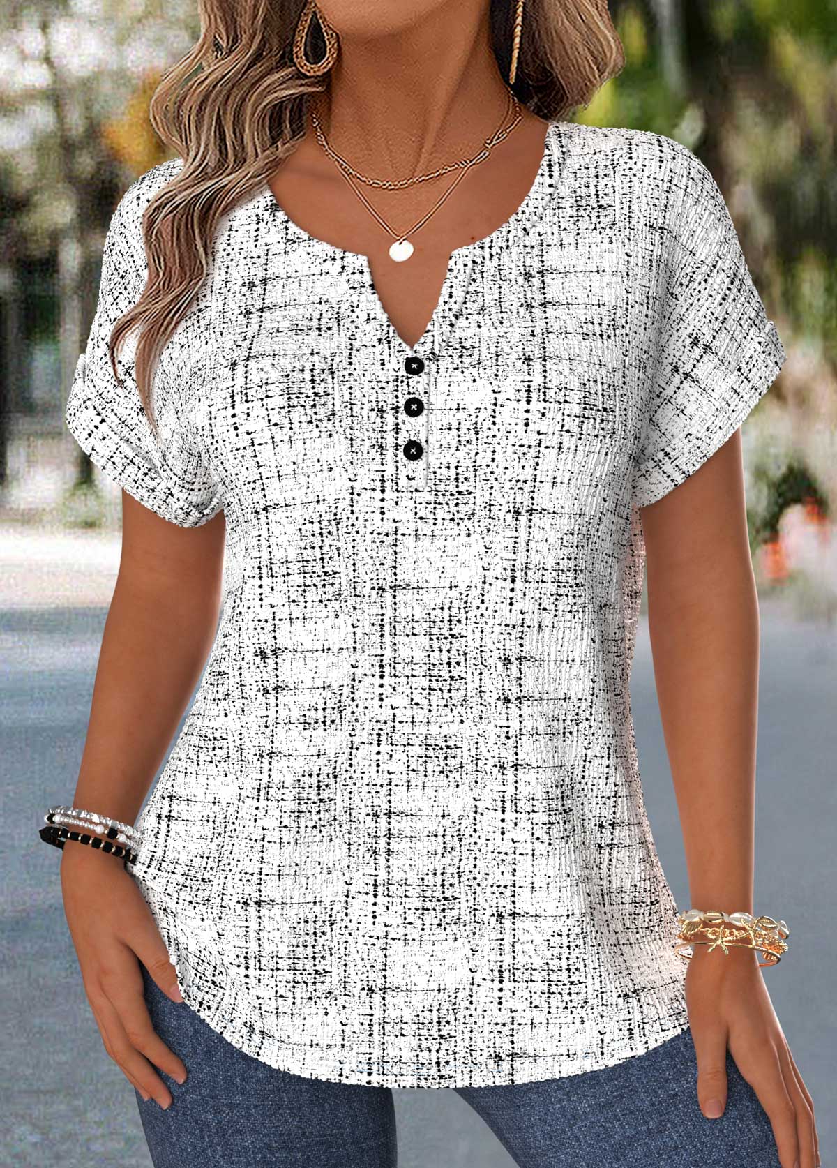Geometric Print Tummy Coverage Raw White Short Sleeve Blouse
