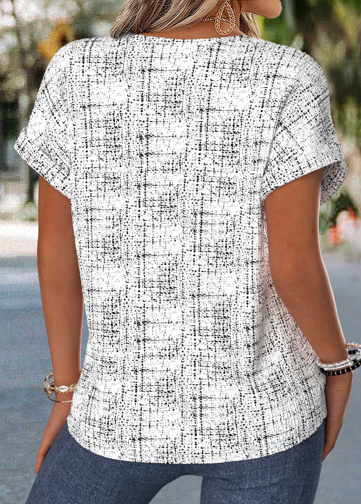 Geometric Print Tummy Coverage Raw White Short Sleeve Blouse