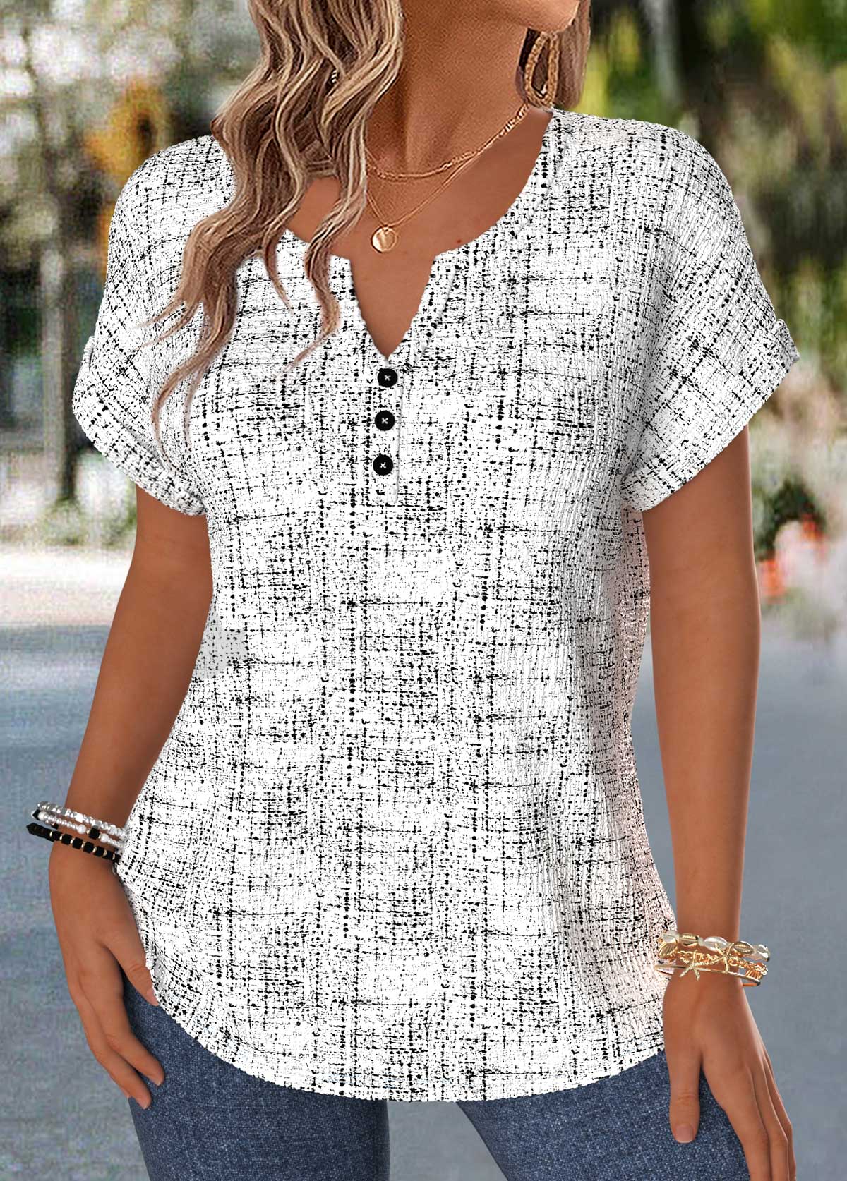 Geometric Print Tummy Coverage Raw White Short Sleeve Blouse