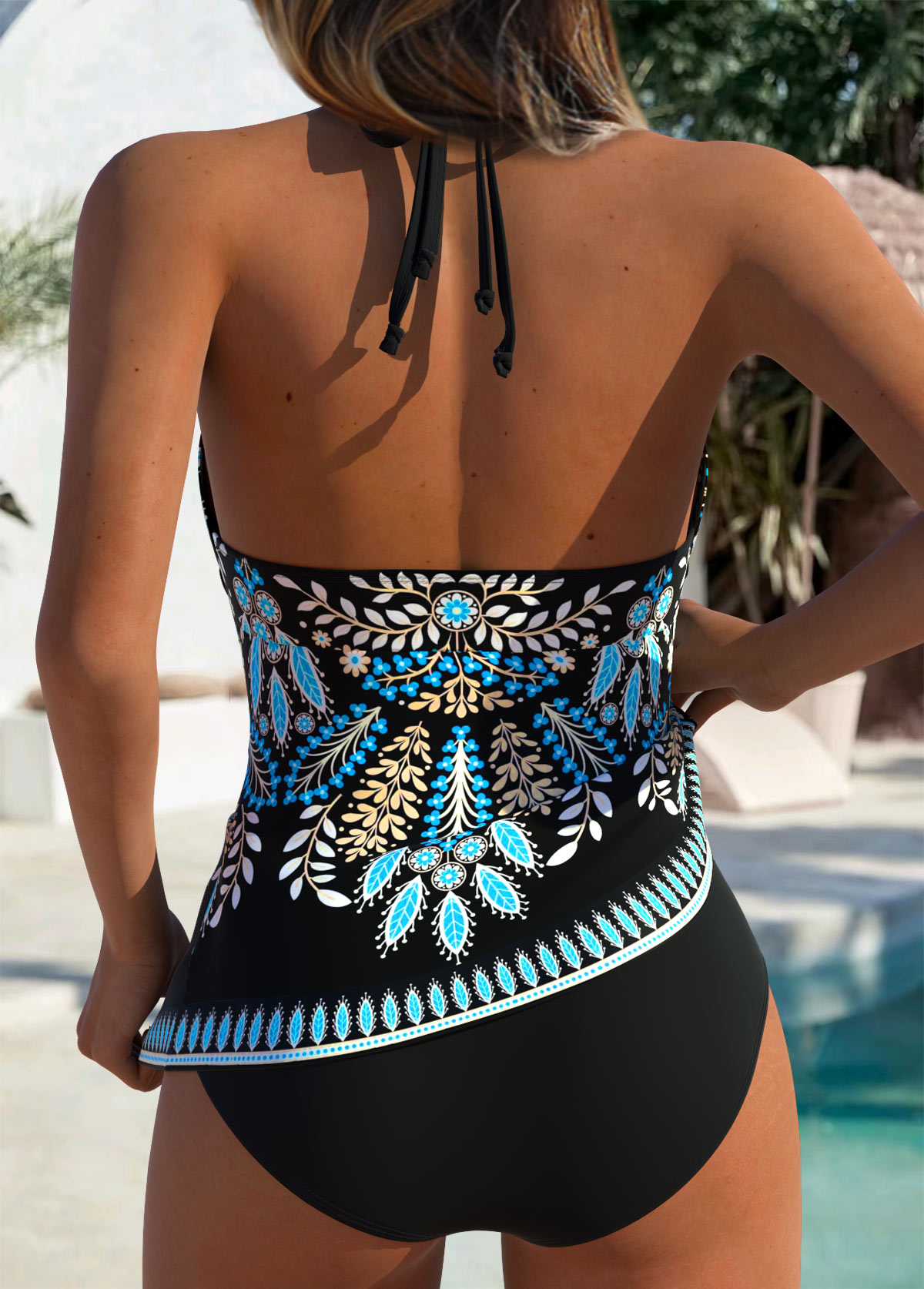 Mid Waisted Leaf Print Tummy Coverage Black Tankini Set