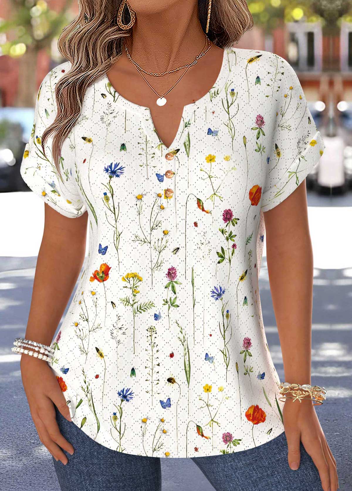 Floral Print Tummy Coverage Multi Color Short Sleeve Blouse