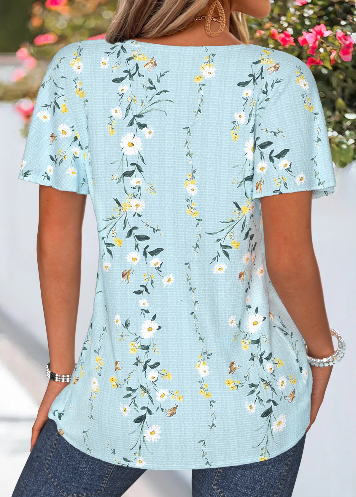 Floral Print Patchwork Light Blue Short Sleeve T Shirt